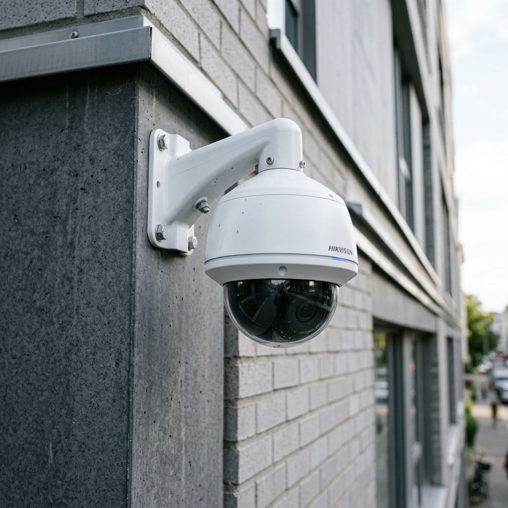 A modern security camera mounted on a building corner