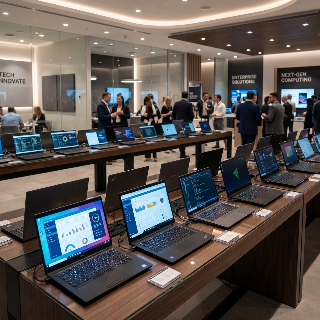 A collection of laptops and tablets displayed on a wooden desk