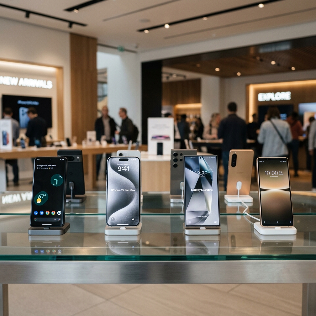 A sleek display of various modern smartphones arranged on a wooden table